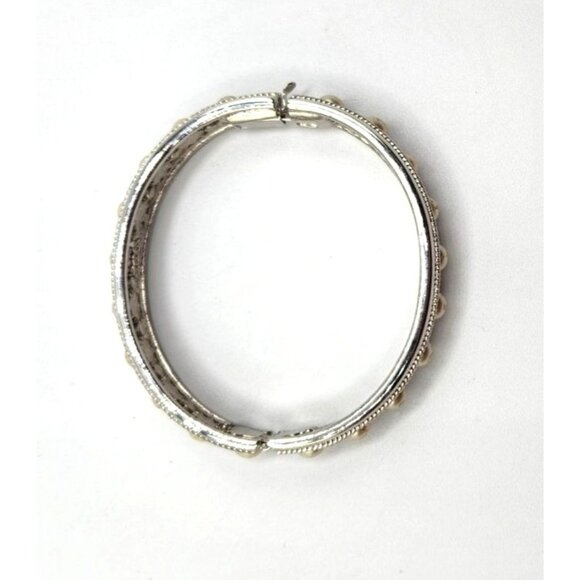 Hinged Bangle Bracelet - Vintage Silver Tone Metal Bead Accent - Picture 3 of 4